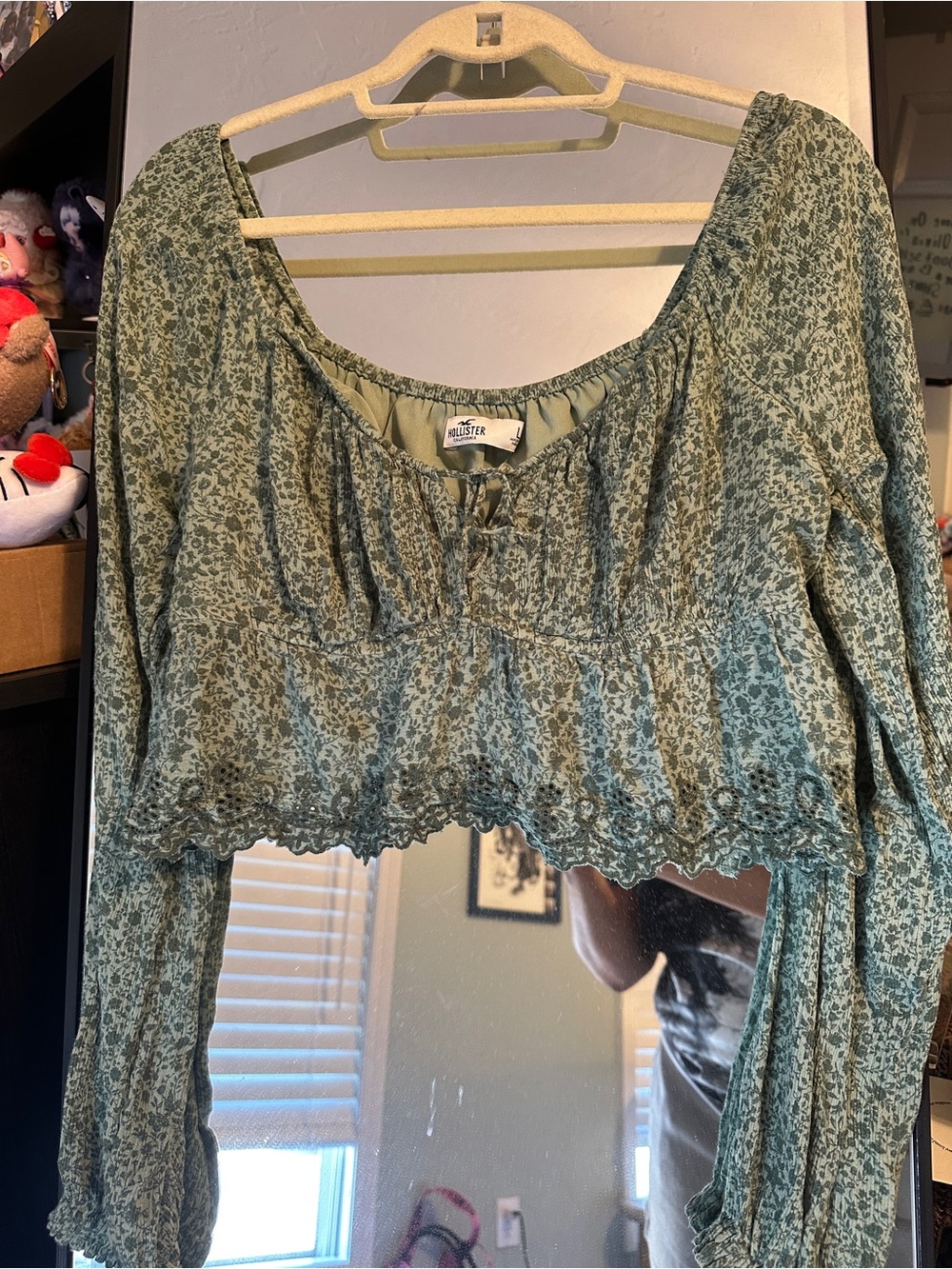 Hollister Sage Green Floral Crop Peasant Top